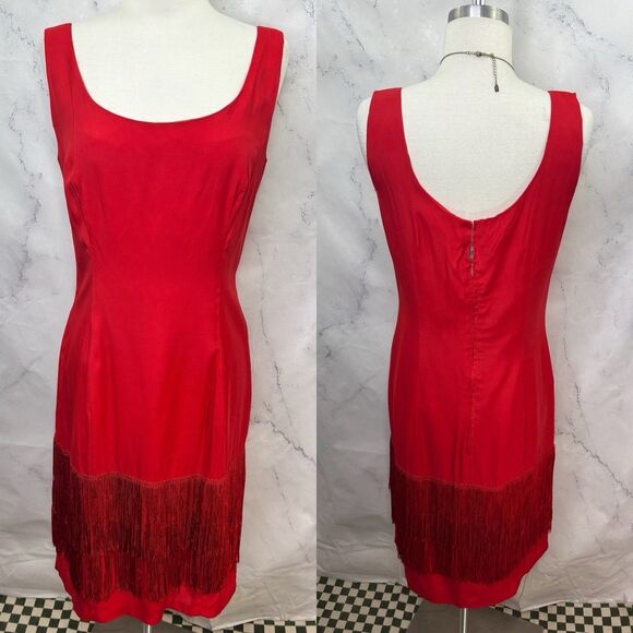 Vintage 70s Red Fringe Dress Flapper Evening Party Sheath Sleeveless Cocktail L - Picture 1 of 16
